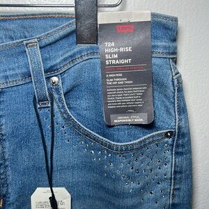Levi's Blue High-Rise Slim Straight Jeans with Stud Accents
